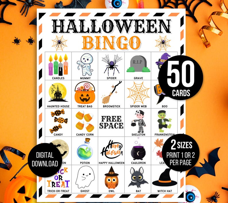 Halloween Bingo, 50 Halloween Bingo Cards, Halloween Games, Kids Halloween Party Game, Halloween Classroom Activity, Cute Halloween Activity
