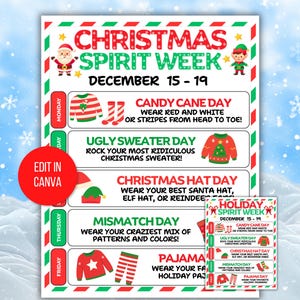 Może przedstawiać: Świąteczny plakat z motywem Christmas Spirit Week w kolorach czerwonym i zielonym, z codziennymi tematami od 15 do 19 grudnia. Tematy obejmują Dzień Cukrowej Laski, Dzień Brzydkiego Swetra i Dzień Piżamy, każdy z powiązanymi ilustracjami. Widoczny jest również tekst "Edit in Canva".