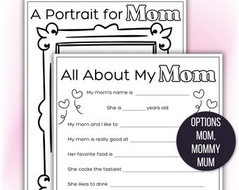 All About My Mom Fill in the Blanks Questionnaire, Mother's Day Craft, Mother's Day Worksheet, Gift For Mom from Kids, Mother's Day Gift