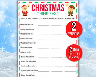 Think Fast Christmas Game, Fun Christmas Game, Printable Christmas Game, Christmas Family Games, Christmas Games for Kids, Christmas Trivia
