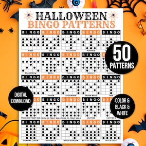 Puede incluir: Una hoja de juego de bingo con temática de Halloween con el título "Halloween Bingo Patterns". La hoja presenta 50 patrones en color y blanco y negro, con imágenes relacionadas con Halloween y las palabras "Descarga digital".