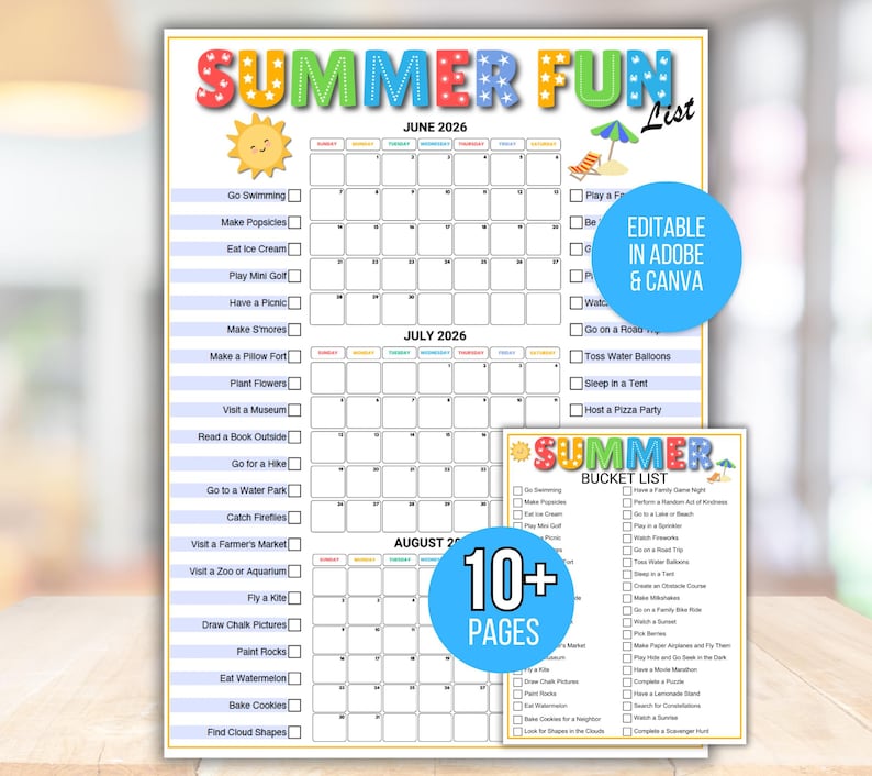 Editable Summer Bucket List, Summer Calendar Poster, Summer Checklist, Summer Break Ideas, Summer Activities, Kids Summer Calendar, Summer