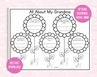 All About My Grandma Fill in the Blanks Questionnaire, Mother's Day Craft, Mother's Day Coloring Page, Gift For Grandma from Kids
