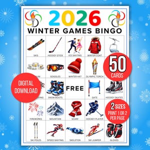 冬季オリンピックビンゴ、冬季オリンピックビンゴカード50枚、冬季オリンピック、冬季オリンピックアクティビティ、子供向け印刷可能ビンゴ、冬季スポーツビンゴ、スポーツゲーム