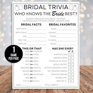 Puede incluir: Un juego de trivia de boda imprimible con un dise&ntilde;o en blanco y negro. El juego incluye preguntas sobre la fecha de nacimiento de la novia, su comida favorita y si alguna vez ha nadado en un lago. El juego est&aacute; dise&ntilde;ado para un juego por p&aacute;gina.