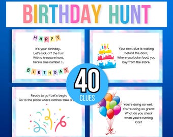 Indoor Birthday Treasure Hunt, Indoor Birthday Scavenger Hunt, 40 Treasure Hunt Birthday Clues, Kids Treasure Hunt Clues, Birthday Printable