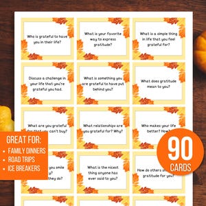 90 dankbaarheidsgesprekkaarten, Thanksgiving-gesprekskaarten, Thanksgiving-activiteit, gezinsgesprek starters, dankbaarheidsspel