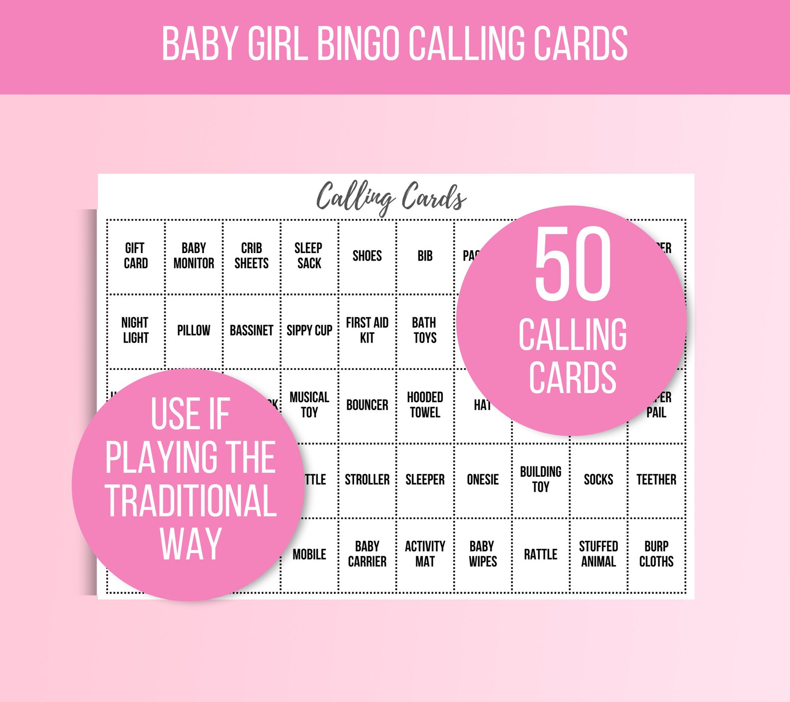 100 Baby Girl Bingo Cards, Baby Girl Bingo Game Cards, Baby Gift Bingo ...