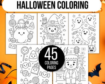 May include: A collection of Halloween-themed coloring pages. The image shows several black and white illustrations of Halloween characters and treats, including ghosts, a witch, and candy. The text "HALLOWEEN COLORING" and "45 COLORING PAGES" are displayed.