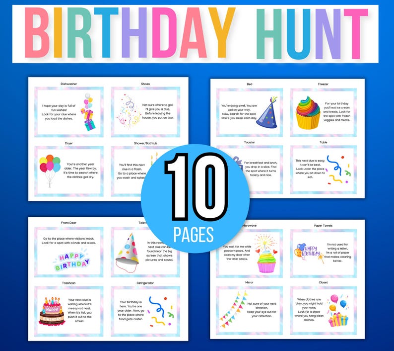 Indoor Birthday Treasure Hunt, Indoor Birthday Scavenger Hunt, 40 Treasure Hunt Birthday Clues, Kids Treasure Hunt Clues, Birthday Printable