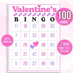 Valentine's Bingo, 100 Valentine's Day Bingo Cards, Valentine's Carte Bingo, Valentines Game, Valentine's Party, Valentine's Number Bingo