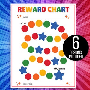 May include: A printable reward chart with a colorful game board featuring a path of circles and stars. The chart includes the text "REWARD CHART", "START", "YOU DID IT!" and "YOUR PRIZE".