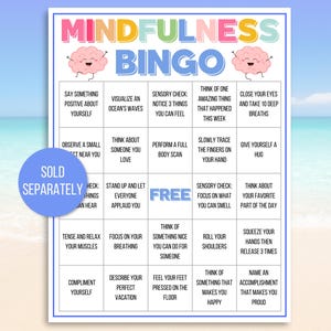 May include: A colorful "Mindfulness Bingo" game board with a beach background. The game includes prompts for self-reflection and sensory awareness. The words "Sold Separately" and "Free" are also visible.