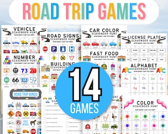 Búsquedas del tesoro para viajes por carretera, Juegos para viajes por carretera, Búsqueda de tesoros para viajes por carretera, Actividades para viajes por carretera, Bingo para viajes por carretera, Paquete de juegos para viajes por carretera, Juegos de viaje para niños