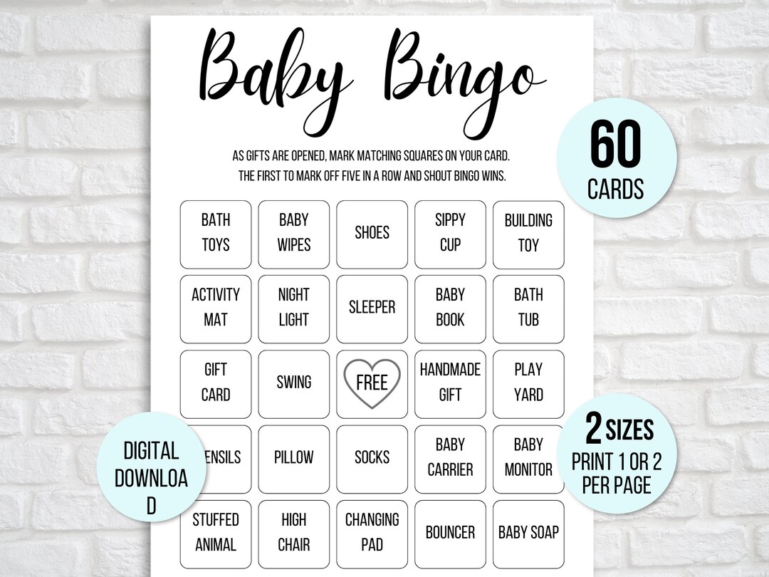60 Baby Shower Bingo Cards, Unique Prefilled Baby Bingo Game Cards, Baby Gift Bingo Cards, Baby