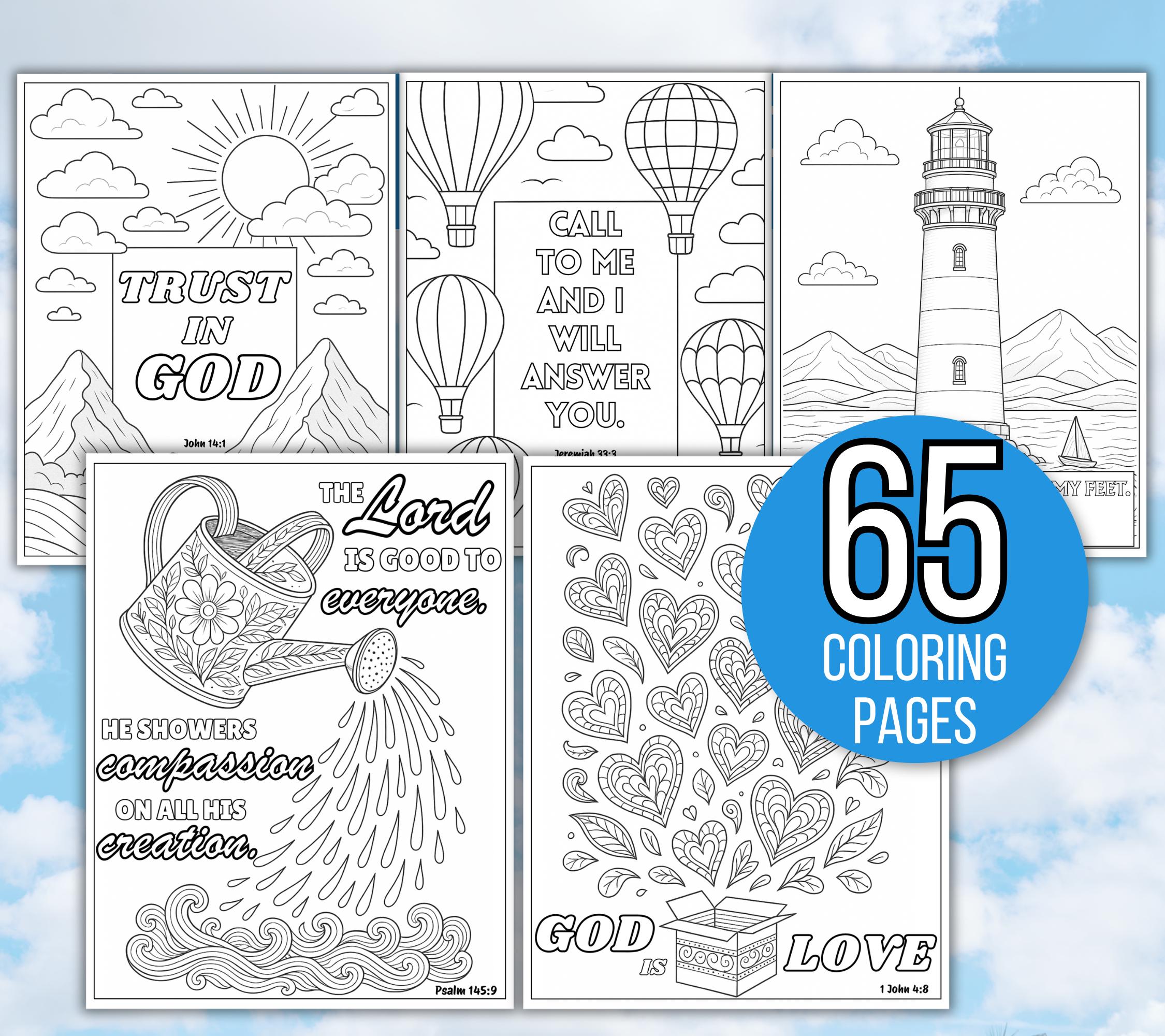 Láminas para colorear de versículos bíblicos – Libro de colorear cristiano para niños y adultos, PDF imprimible (65 páginas, 1 o 2 por página)