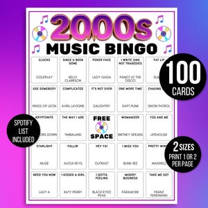 Puede incluir: Una colorida tarjeta de juego de Bingo musical de los años 2000 con un fondo degradado púrpura y rosa. La tarjeta presenta una cuadrícula de títulos de canciones y nombres de artistas, con el texto "2000s Music Bingo" en la parte superior. Incluye "Spotify List Included" y "100 Cards".