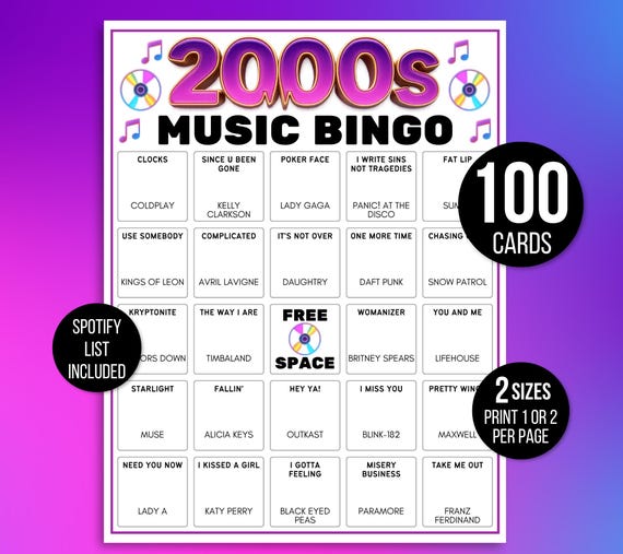 2000s Bingo, 2000s Song Bingo, 2000s Music Bingo, 2000s Retro Bingo, 100 Printable 2000s Bingo Cards, 2000s Game, 2000s Activity, Y2K Game