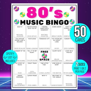 Bingo de los 80, Bingo de canciones de los 80, Bingo de música de los 80, Bingo retro de los 80, 50 tarjetas de bingo imprimibles de los 80, Juego de los 80, Actividad de los 80, Bingo de listas de Spotify de los 80