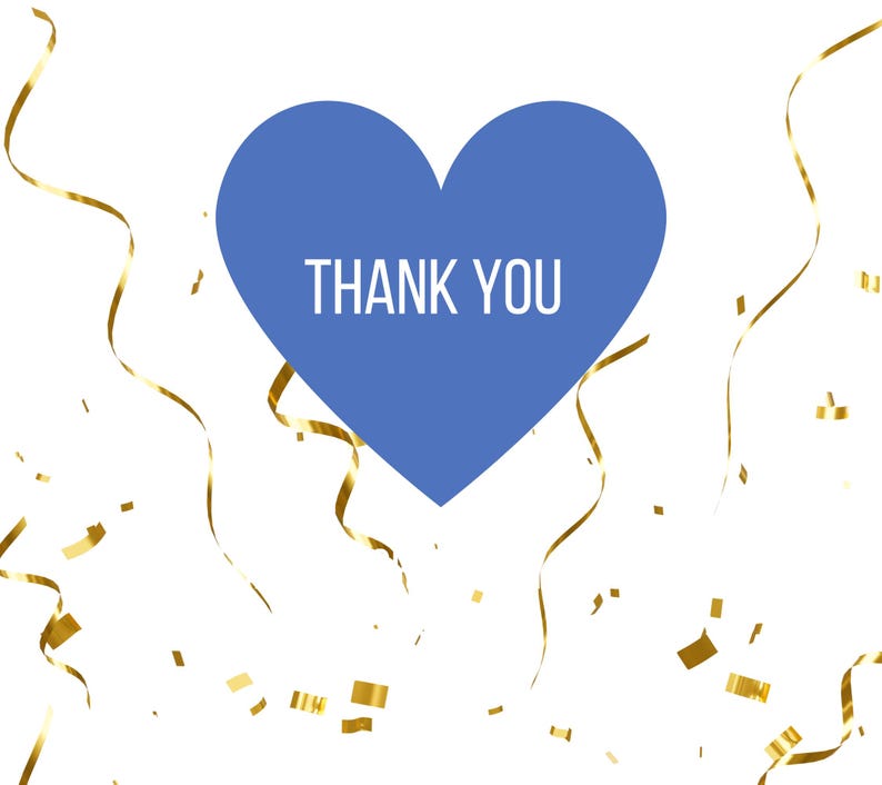 May include: A blue heart with the text "THANK YOU" surrounded by gold confetti.