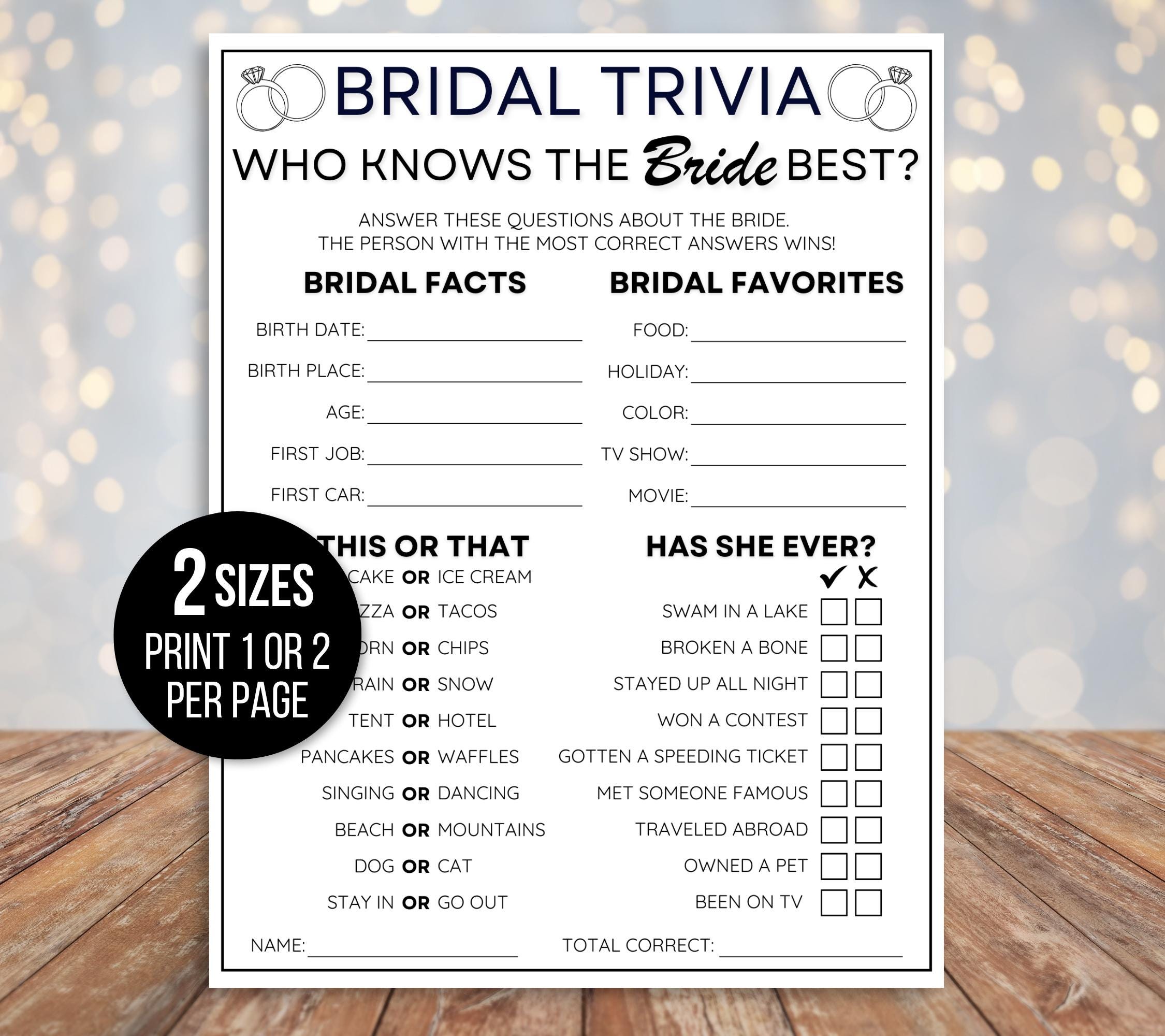 Who Knows the Bride Best, How Well Do You Know the Bride, Bridal Activity, Printable Bridal Shower Game, Bridal Shower Trivia, Bridal Trivia