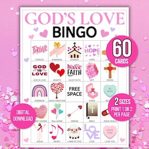 Gods Love Bingo, 60 Gods Love Bingo Cards, Bible Bingo, Valentines Bingo Game, Valentine's Day Christian Game, Church Sunday School Game