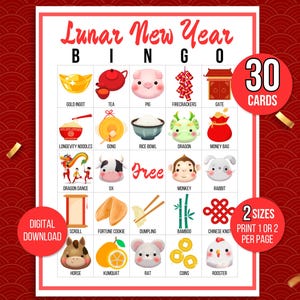 Bingo del Año Nuevo Lunar, 30 tarjetas de bingo del Año Nuevo Lunar, actividad del Año Nuevo Lunar para niños, juego de fiesta del Año Nuevo Lunar, actividad del Año Nuevo Lunar