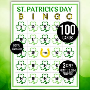 St. Patrick's Day Bingo, 100 St. Patrick's Day Bingo Cards, St. Patrick's Day Activity, St. Patrick's Party Game, St. Paddy's Activity
