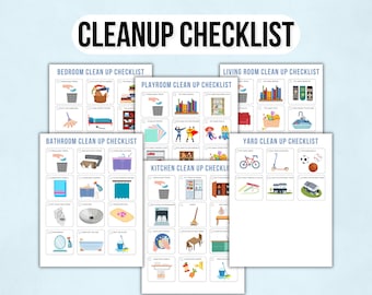 Checklist voor het schoonmaken van kinderen met foto's, checklists voor het opruimen van kinderen, takenlijst voor kinderen, lijst met taken voor kinderen, dagelijkse routines voor kinderen, wekelijkse klusjes voor kinderen