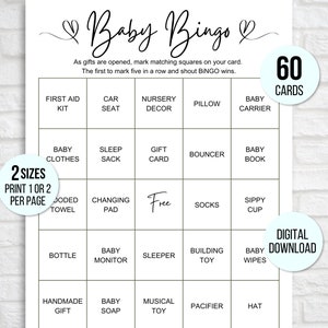 60 Baby Shower Bingo Cards, Unique Prefilled Baby Bingo Game Cards, Baby Gift Bingo Cards, Baby Shower Bingo Game, Minimalist Baby Bingo image 1