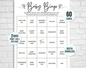 60 cartes de bingo pour baby shower, cartes préremplies uniques de jeu de bingo pour bébé, cartes de bingo-cadeau pour bébé, jeu de bingo pour baby shower, bingo de bingo pour bébé minimaliste