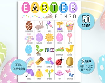 Easter Bingo, 50 Printable Easter Bingo Cards, Easter Activity For Kids, Kids Easter Party Game, Easter Classroom Activity, Easter Game