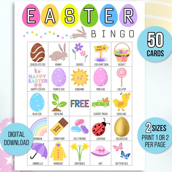 Easter Bingo, 50 Printable Easter Bingo Cards, Easter Activity For Kids, Kids Easter Party Game, Easter Classroom Activity, Easter Game