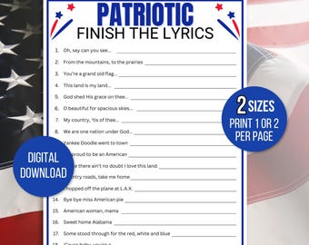 Juego patriótico para completar la letra, juego de fiesta del 4 de julio, divertido juego patriótico, juego musical patriótico imprimible, juego patriótico, juego de veteranos