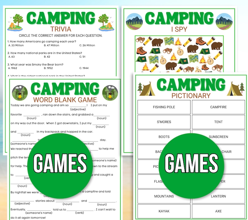 Camping Games, Camping Party Games, Camping Activities, Camping Games for Kids, Camping Printable, Camping Activities, Camping Games Bundle
