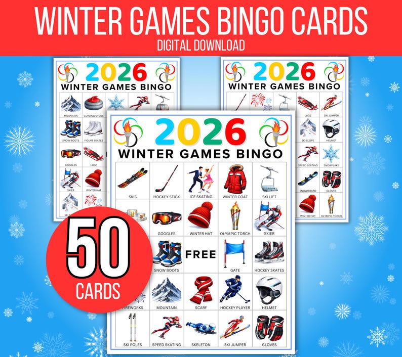 Winter Games Bingo, 50 Winter Games Bingo Cards, Winter Games, Winter Games Activity, Kid's Printable Bingo, Kids Winter Games, Sports Bingo