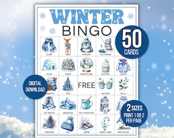 Winter Bingo, 50 Winter Bingo Cards, Winter Games, Winter Activity For Kids, Kids Winter Party Game, Winter Classroom Activity, Winter Games