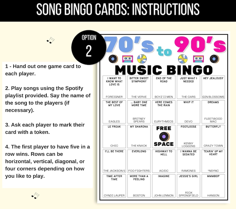 70s, 80s, 90s Music Bingo, Decades of Hits Bingo, 70s to 90s Bingo, 70s Music Bingo, 80s Music Bingo, 90s Music Bingo, 50 Music Bingo Cards