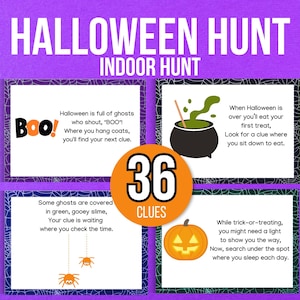 Búsqueda del tesoro de Halloween en interiores, búsqueda del tesoro de Halloween en interiores, 36 pistas de búsqueda del tesoro de Halloween, pistas de búsqueda del tesoro para niños, juegos de Halloween