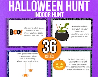 May include: A Halloween indoor hunt game with 36 clues. The game cards feature spooky illustrations and rhyming clues. The cards are decorated with a spiderweb pattern.