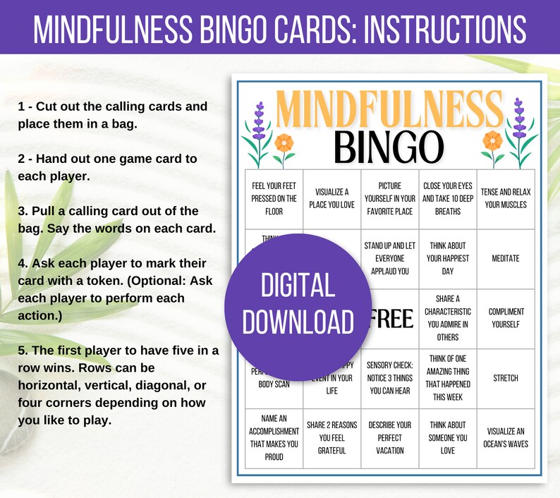 Mindfulness Bingo, 30 Mindfulness Bingo Cards, Gratitude Bingo, Mindfulness Activity, Mindfulness Game, Counseling Activity, Counseling Game