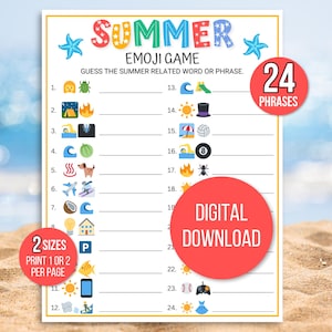 Summer Emoji Game, Emoji Summer Game, Beach Emoji Game, Summer Game, Fun Summer Emoji Printable, Summer Emoji Printable, Summer Party Game