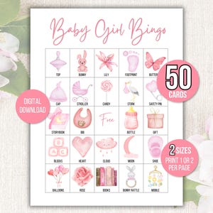 Baby Girl Bingo, 50 Baby Shower Bingo Cards, Baby Girl Shower Printable Game, Baby Bingo Game, Baby Girl Bingo Cards, Baby Sprinkle, Pink