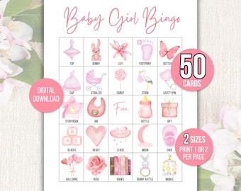 Baby Girl Bingo, 50 Baby Shower Bingo Cards, Baby Girl Shower Printable Game, Baby Bingo Game, Baby Girl Bingo Cards, Baby Sprinkle, Pink