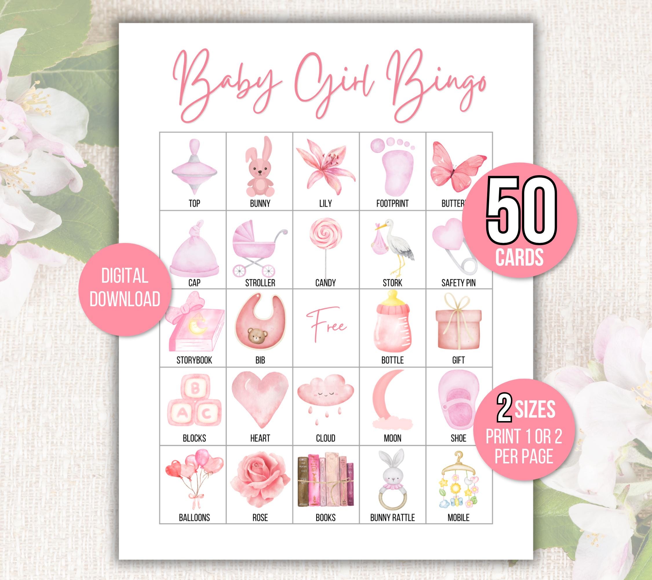 Baby Girl Bingo, 50 Baby Shower Bingo Cards, Baby Girl Shower Printable Game, Baby Bingo Game, Baby Girl Bingo Cards, Baby Sprinkle, Pink