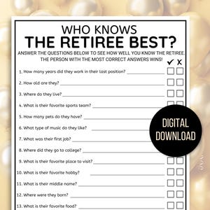 Who Knows the Retiree Best Game, Retirement Games,  How Well Do You Know the Retiree, Coworker Game, Happy Hour Office Party, Office Game