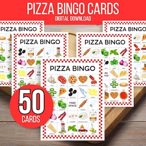 Pizza Bingo, Pizza Party Bingo, 50 Printable Pizza Bingo Cards, Pizza Game, Pizza Activity, Kid's Printable Bingo Game, Pizza Birthday Game