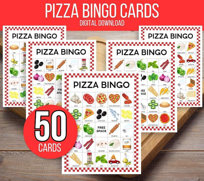 Pizza Bingo, Pizza Party Bingo, 50 Printable Pizza Bingo Cards, Pizza Game, Pizza Activity, Kid's Printable Bingo Game, Pizza Birthday Game