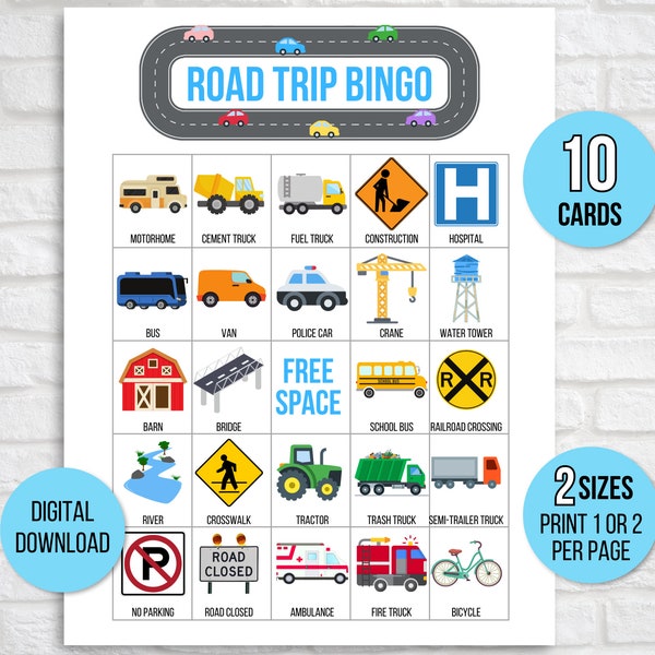 Road Trip Bingo, 10 Printable Road Trip Bingo Cards, Family Road Trip Game, Road Trip Party Game, Road Trip Activity, Family Car Travel Game