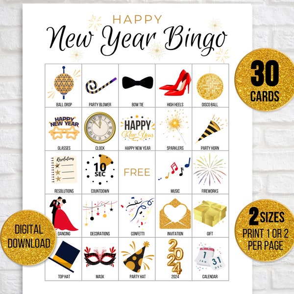 New Year's Bingo, 30 Happy New Year's Eve Bingo Cards, New Year's Activity For Kids, New Year's Party Game, New Year's Classroom Activity